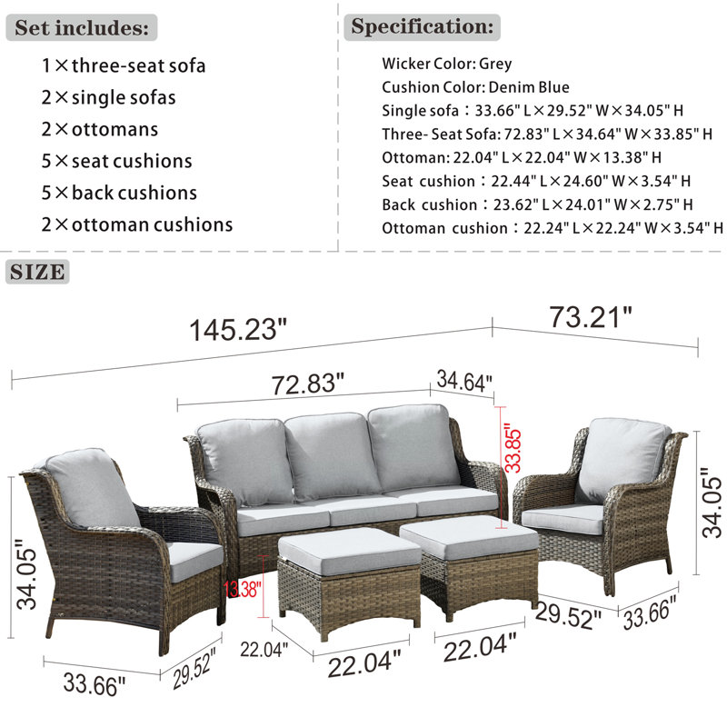 Grano Wicker 5 - Person Patio Conversation Set with Cushions, Light Gray, Gray