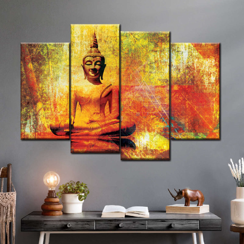 Bouddha grunge assis sur toile, reproduction de 4 pièces, H 75 po x l 48 po x P 1,25 po