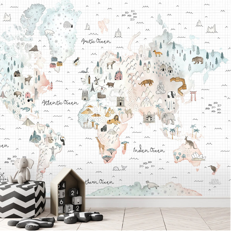 Papier peint doux carte du monde avec petits animaux et repères célèbres, L 98,04 po x l 150 po