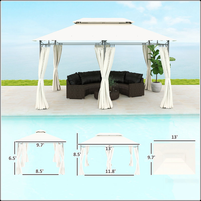 Pavillon de jardin spacieux à double toit avec tablettes et filet pour les rassemblements de pelouse, de cour et de terrasse