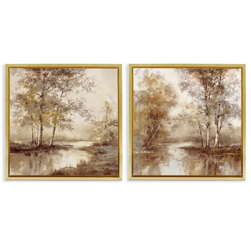 Ensemble de 2 toiles flottantes encadrées noires Woodland Views in sépia, design par T.C. Chiu, H 25 po x l 25 po