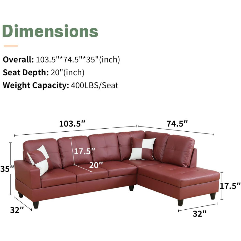 2 - Piece Faux Leather Sectional, Right Hand Facing, Red Faux Leather