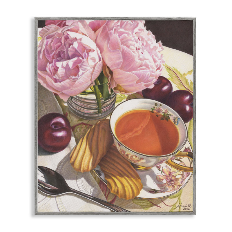 Thé avec pivoines et prunes, art par Mardell Schuster, Estampe numérique Farmhouse, H 14 po x l 11 po