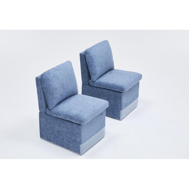 Ensemble de 2 chaises en lin sans accoudoirs avec roulettes et rangement, Bleu