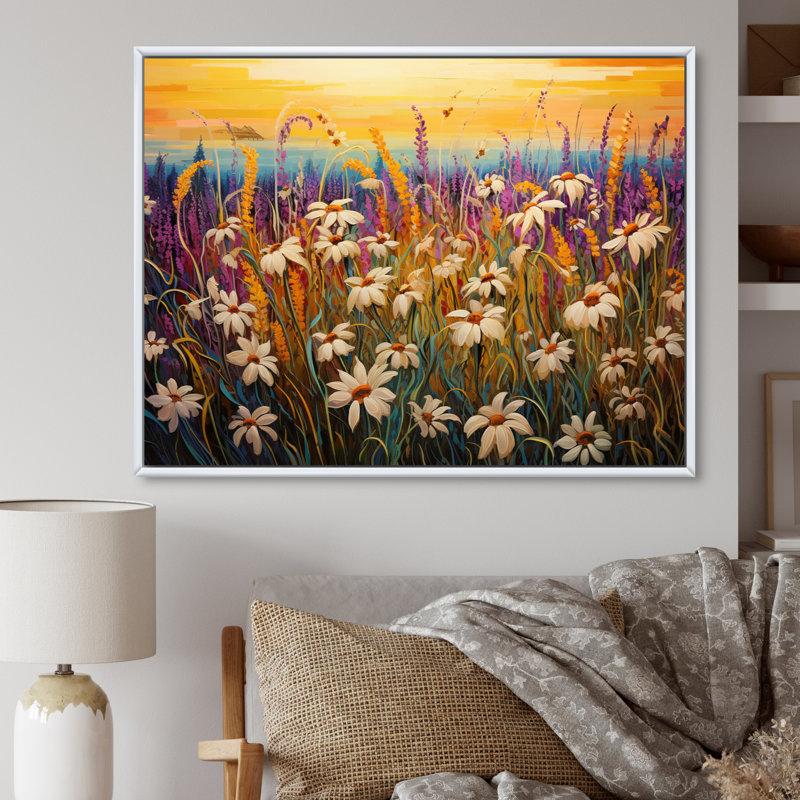 «White Wildflowers Waves Of Blooms», reproduction sur toile, Cadre flottant blanc, H 34 po x l 44 po x P 1,5 po