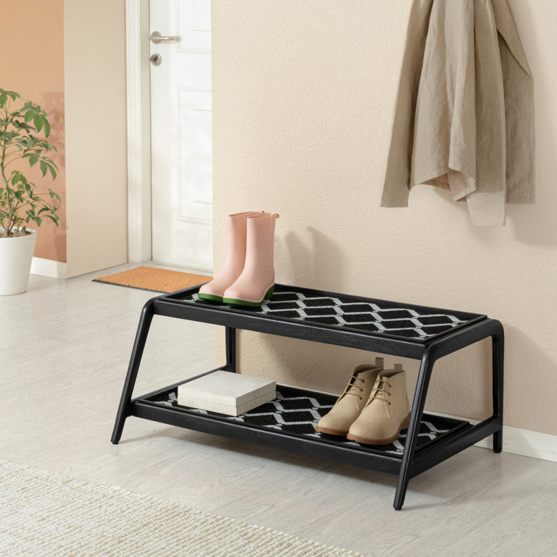 Premium Solid Wood Boot Tray Stand with Natural Coir Mat - Entryway & Mudroom Shoe Organizer, Black, Tier 2, 22" W x 36.5" L