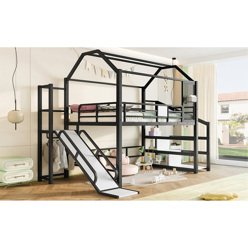 Lit mezzanine double avec glissade et escalier, lit de jeu en métal avec tablettes de rangement, toit en forme de maison et conception silencieuse, noir