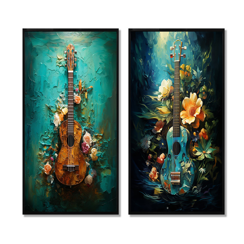 Guitare tropicale, musique euphonique - ensemble de 2 impressions sur toile, Cadre noir, H 40 po x l 41 po