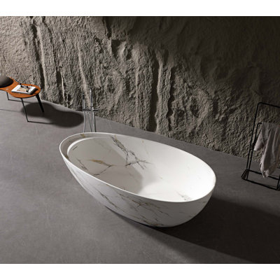 67"  Freestanding Solid Surface Bathtub With Black & Gold Veining Design Neckless Rensin Stone Bathtub