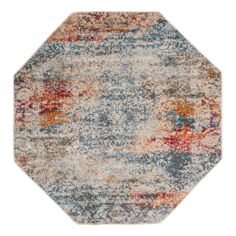 Tapis de style oriental bleu / rouge / orange / crème Folmar, Octogone 5 pi x 5 pi
