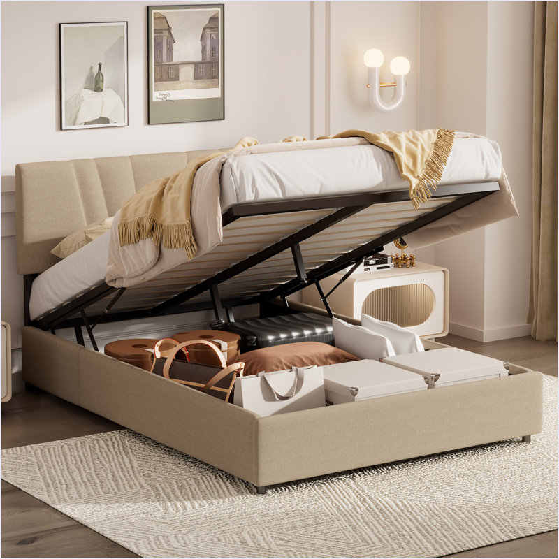 Lit plateforme tapissier avec rangement relevable, Beige, Lit double