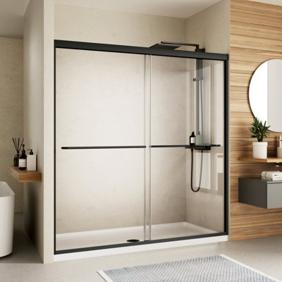 56-60" W x 70" H Framed Shower Door Double Sliding Door with 1/4" (6mm) Clear Tempered Glass, 2 Towel Bars for Walk-in Bathroom, Matte Black Finish Shower Doors, Reversible Installation
