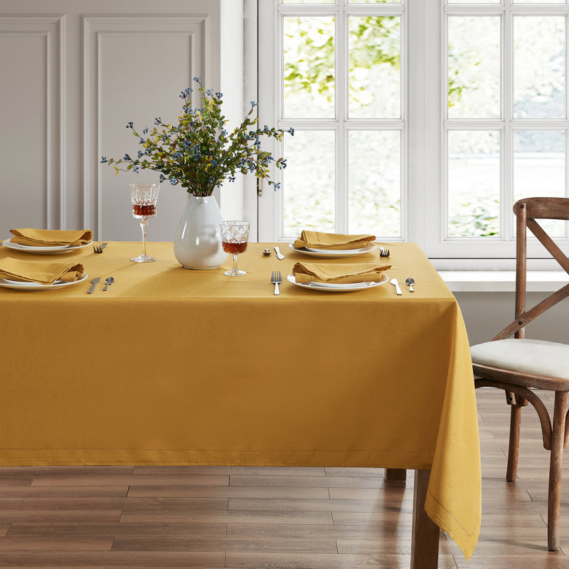 Kapellen Solid Eyelet Punched Border Polyester Rectangle Tablecloth, Yellow, 84" x 60"