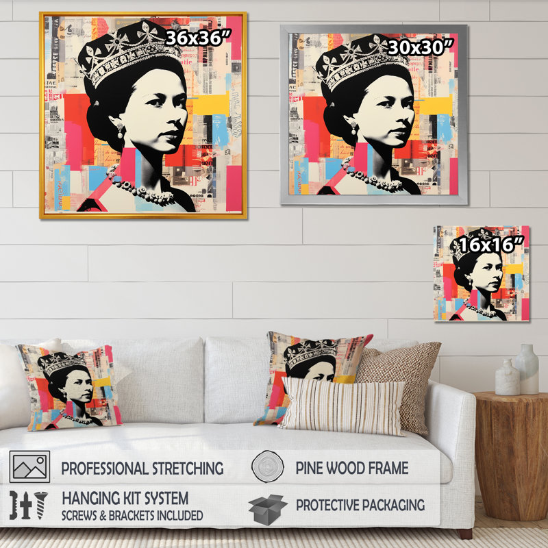 Coloré popart iconique, reine du Royaume-Uni 1 - art mural célébrité, Toile tendue, H 36 po x l 36 po x P 1,5 po