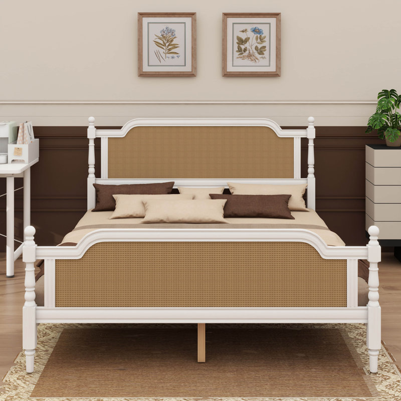 Structure de lit en rotin pour grand lit de style traditionnel et intemporel, Blanc antique