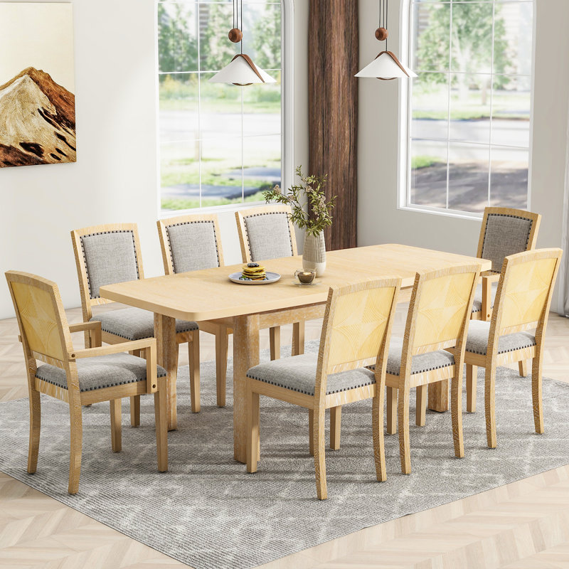 Ensemble de table de salle à manger extensible rustique de 84 pouces avec rallonge amovible de 24 pouces, 6 chaises de salle à manger rembourrées sans accoudoirs et 2 chaises rembourrées, 9 pièces