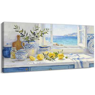 Art mural sur toile de cuisine citronnelle de timbre, peinture de nature morte méditerranéenne, décoration murale pour la cuisine et la salle à manger, œuvre d'art encadrée, 12 x 24 po
