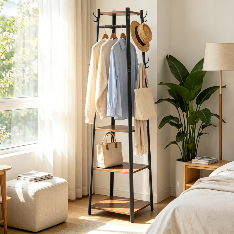8-Hook Coat Rack with Storage Shelves