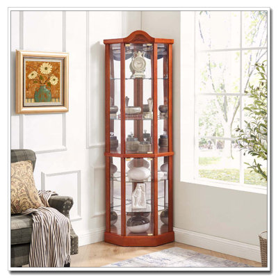 Corner Glass Cabinet with Carved Decoration and Adjustable Shelves