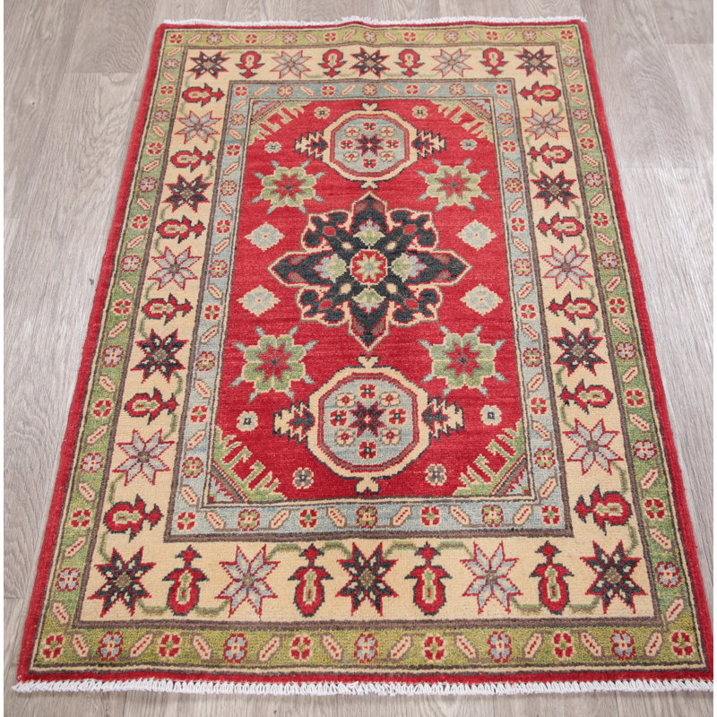Tapis unique en laine noué à la main style Kazak rouge / beige des années 2010 de 2 pi 9 po x 4 pi Ninette