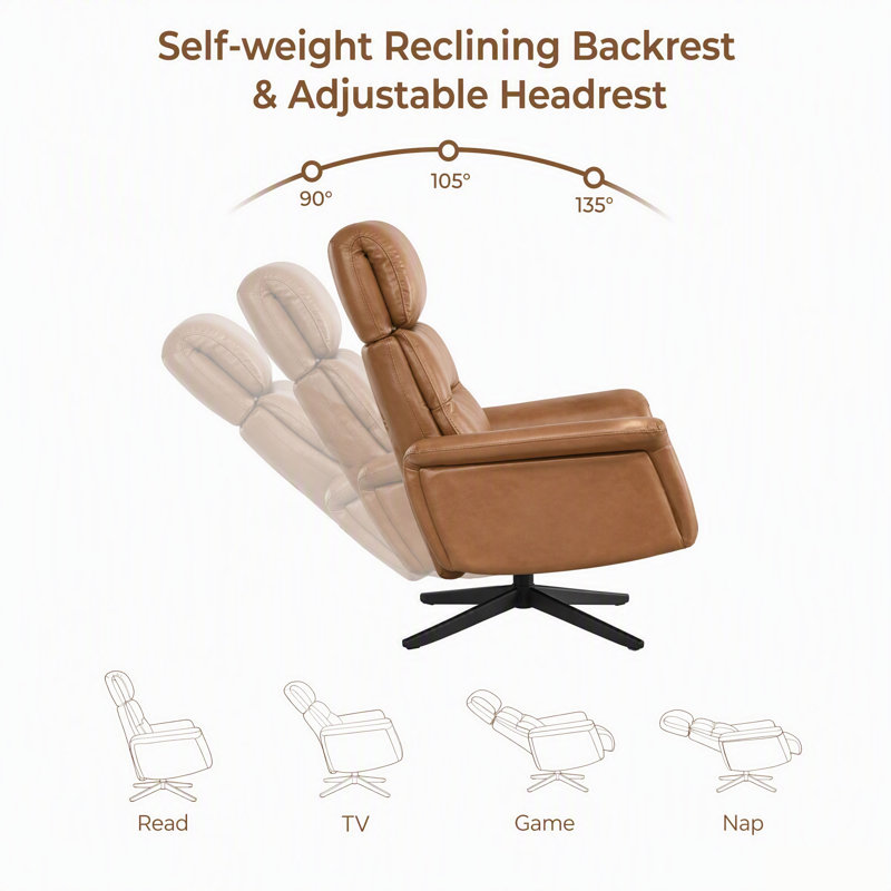 Genuine Leather Accent Chair With Adjustable Headrest & Ottoman, Saddle