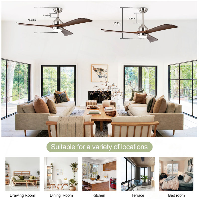 Ventilateur de plafond de 52 po avec pales en bois massif de 52 po avec lumières, télécommande, ventilateur de plafond silencieux à 3 pales à moteur à 6 vitesses, ventilateur de plafond réversible, pour salon de patio, chambre à coucher, bureau, intérieur.