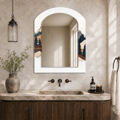 Rustic Arch Wall Mirror – Brown Black Dancing on the Mountain Horizons, Metal Print