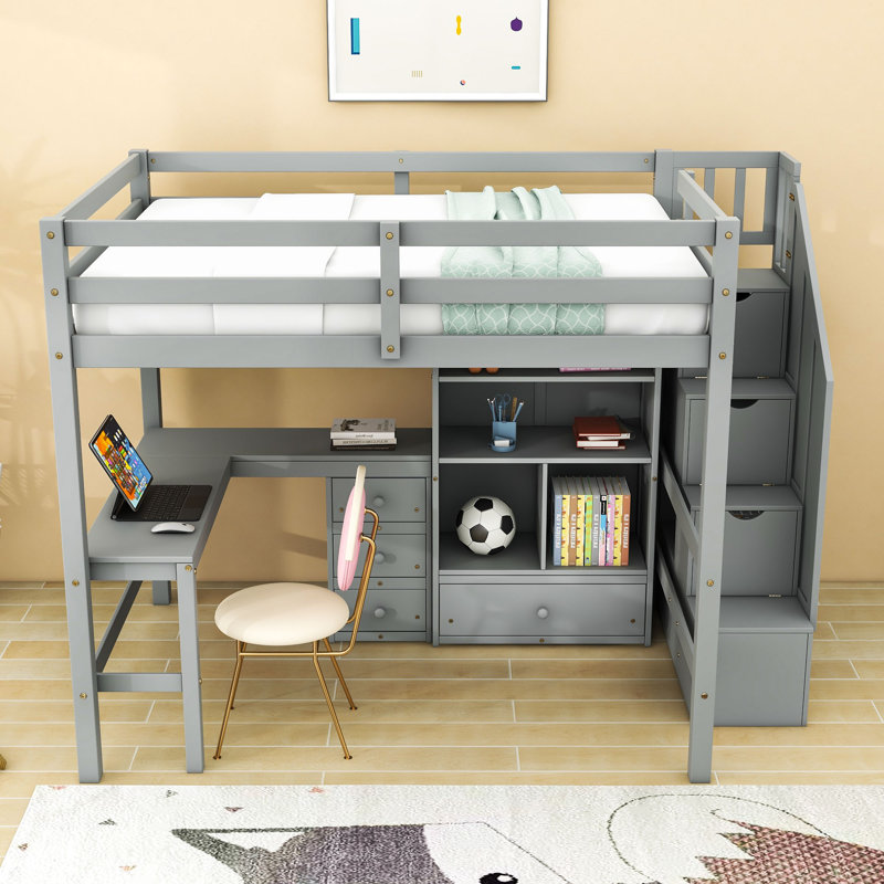 Lit mezzanine double avec tiroirs, bureau, escalier de rangement et garde-corps, gris