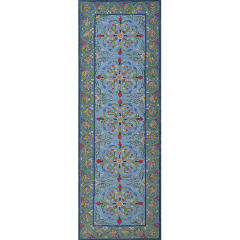 Alpenrose Hand-Tufted Wool Loop Pile Indoor Rug Traditional Bordered Blue , Runner 2'6" x 8'