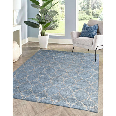 Tapis bleu moderne à motif géométrique de losanges en laine noué à la main