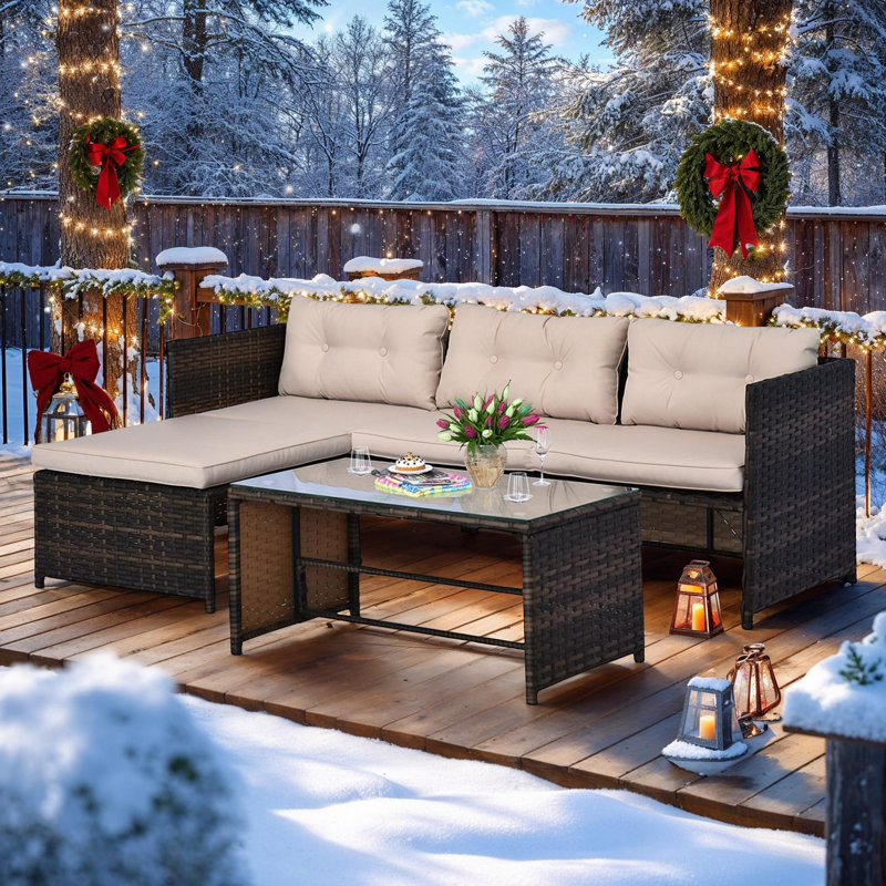Outdoor Rattan Sofa Set with Cushions, Coffee Table & Chaise, 3-Piece Set