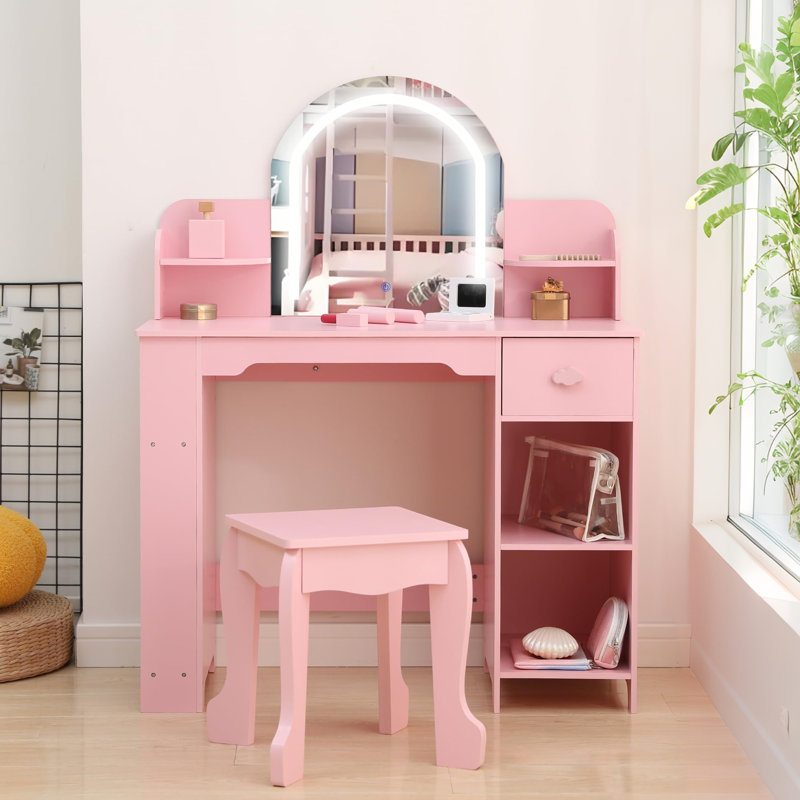 Kids Vanity with Lighted Mirror, 2 in 1 Little Vanity Table & Stool, Kids Makeup with Bookshelf, Drawer & Open Shelves for 3-9 Yrs