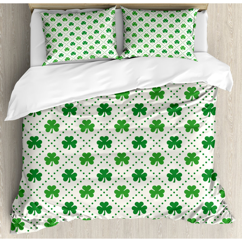 King Size Green Shamrock Pattern Microfiber Duvet Cover Set