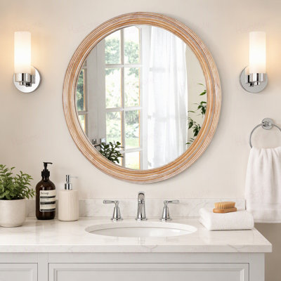 Miroir rond rond avec cadre en bois avec détails côtelés, miroir circulaire en bois naturel de 23,62 po pour la salle de bain, la chambre à coucher, le vestibule, le bord de mer et le style maison de campagne