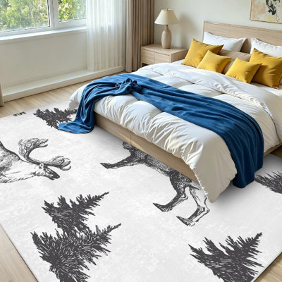 Tapis d'intérieur blanc lavable à la machine, sans couture, avec motif forêt d'hiver