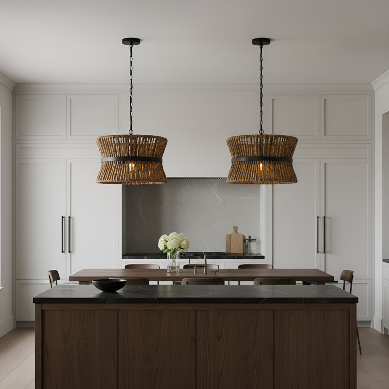 Thurlo 2 Light Kitchen Pendant In Midnight Black Finish With Natural Abaca Rope Shade