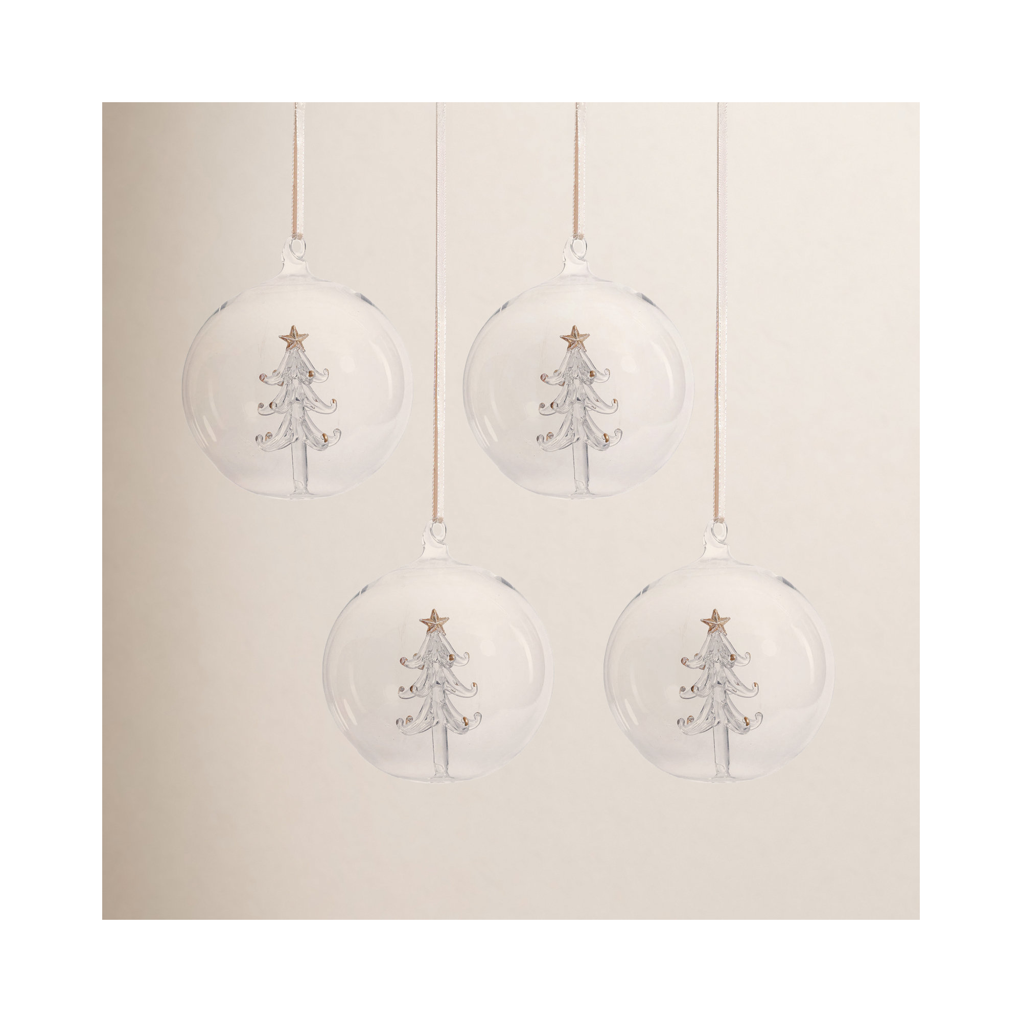 Clear Glass Ball Ornaments with Holiday Motif,  Set of 4, 4.75" H x 4.75" W x 4.75" D 