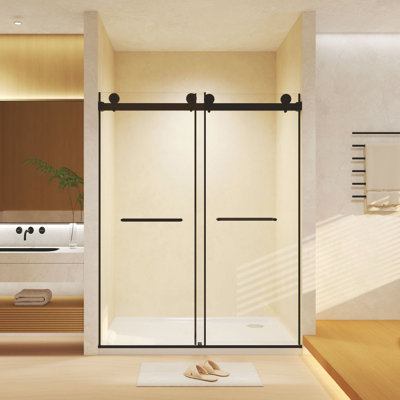 Frameless Double Sliding  Shower Door 44-48 "W X 74" H, 5/16 "(8Mm) Tempered Glass, Explosion Proof Film, Stainless Steel Handle, Square Tube Track