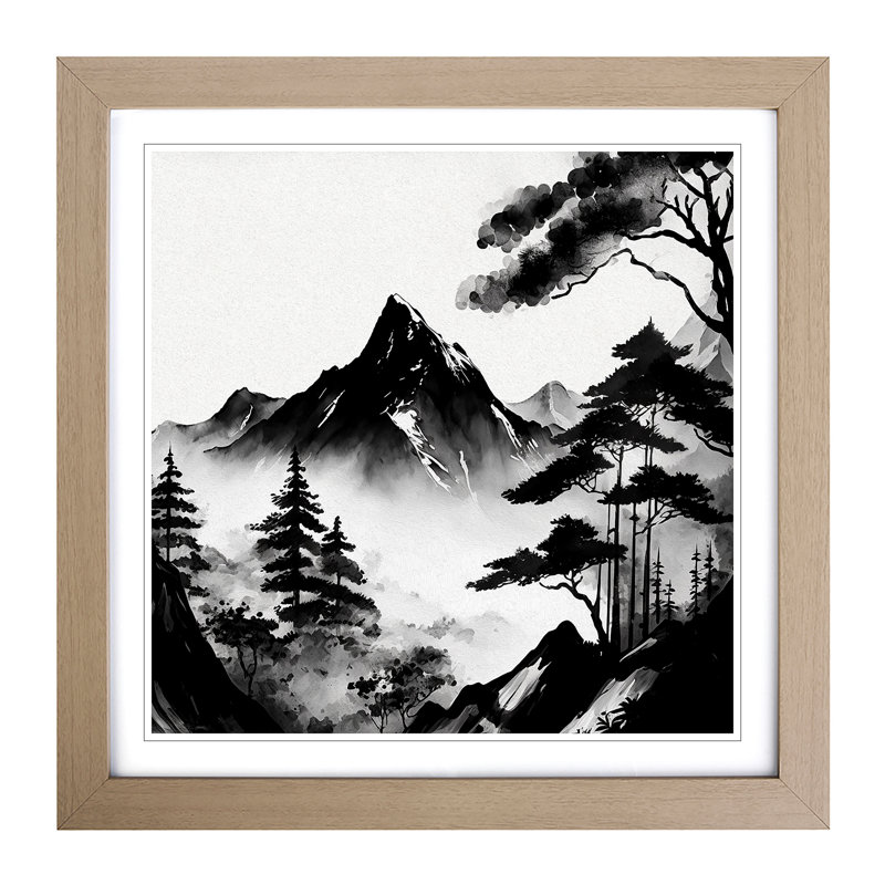 Japanese Mountains Ink Wash No.1 - Single Picture Frame Print on Wood, Oak