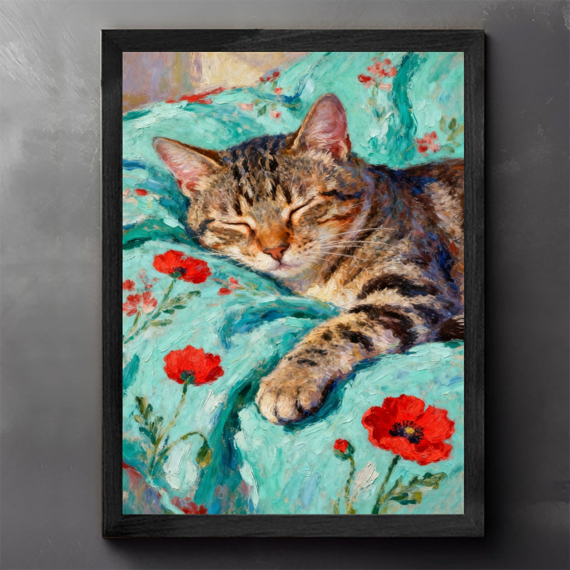 Chat noir encadré noir avec motif floral bleu, impressions de style rétro, H 11 po x l 9 po