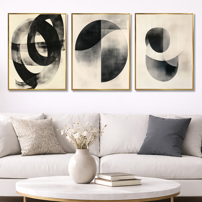 Géométrie noire et blanche «Minimal Curves II», ensemble de 3 toiles abstraites encadrées, Gold Floater Framed