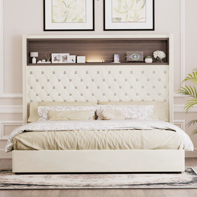 Queen Size Velvet Tufted Soft Bed Frame With USB Port, Night Light, And Rivet-Decorated 52'' High Headboard, Wing-Back Design