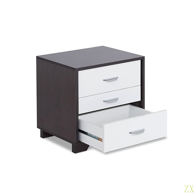 Table de chevet à finition bicolore avec 3 tiroirs pour la chambre à coucher, le salon et le placard, Blanc