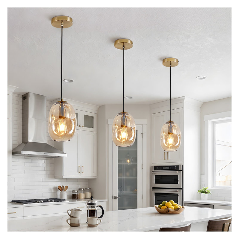 Luminaire suspendu moderne en verre transparent soufflé à la main avec finition dorée brossée, base simple E26 pour îlot de cuisine, salle à manger, chambre à coucher