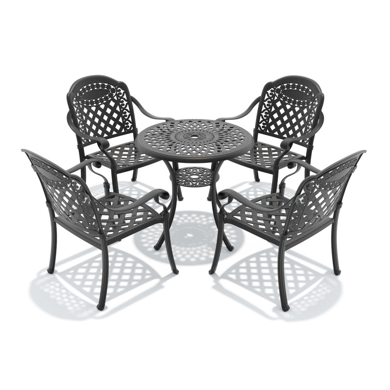 Ensemble de salle à manger d'extérieur 5 pièces, table ronde de 78 cm avec trou pour parasol et 4 chaises empilables, coussins rouges