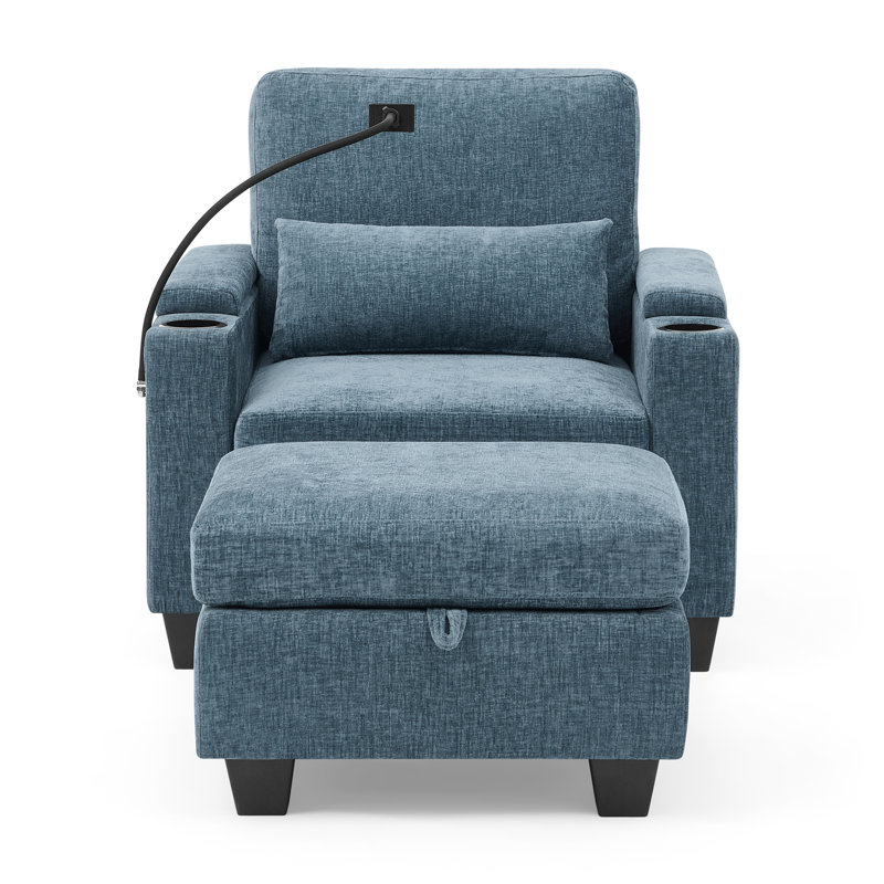 Canapé inclinable simple avec dossier réglable manuellement, port de charge USB sur le côté de l'accoudoir, support pour téléphone inclus, rangement des accoudoirs dissimulé et repose-pieds de rangement assorti - bleu