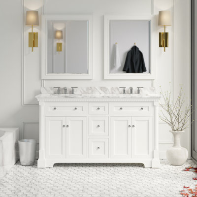 Fossen 60" Double Bathroom Vanity Set with White Cabinet and Carrara Marble Countertop