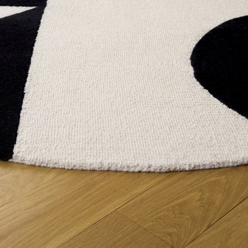 Tapis ivoire / noir en laine touffeté à la main à motif géométrique, Rond 6 pi