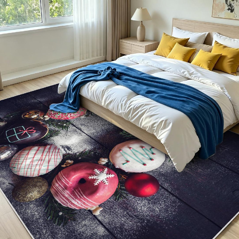 Tapis intérieur rouge lavable à la machine, motif beignes de Noël avec espace, pour décoration intérieure.