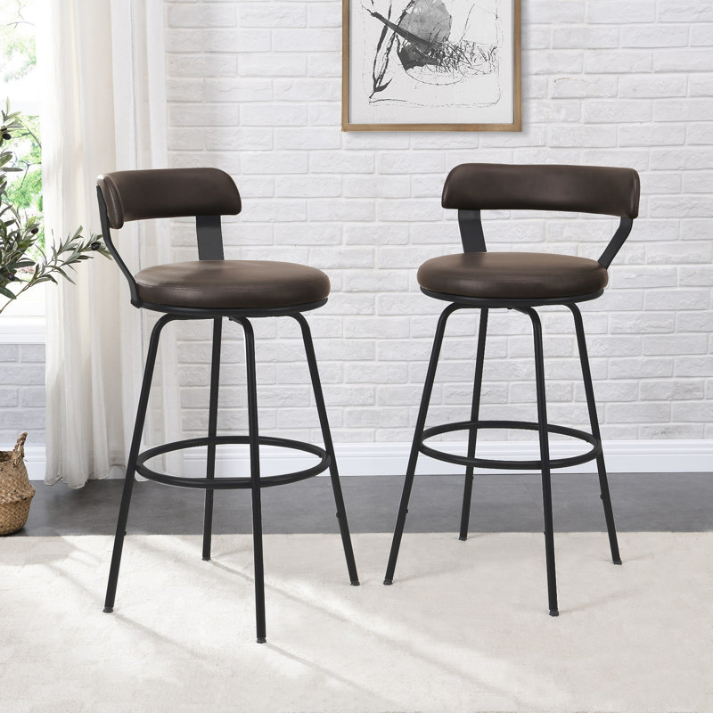 Kipton Low Back Bar Stools Metal Leather Counter Stools, Brown, Bar Stool (30” Seat Height)